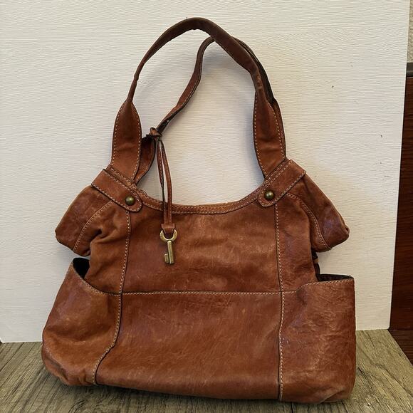 Fossil Leather Tote Bag Floral Embossed Brown Shoulder Purse Distressed Vintage - Picture 3 of 9